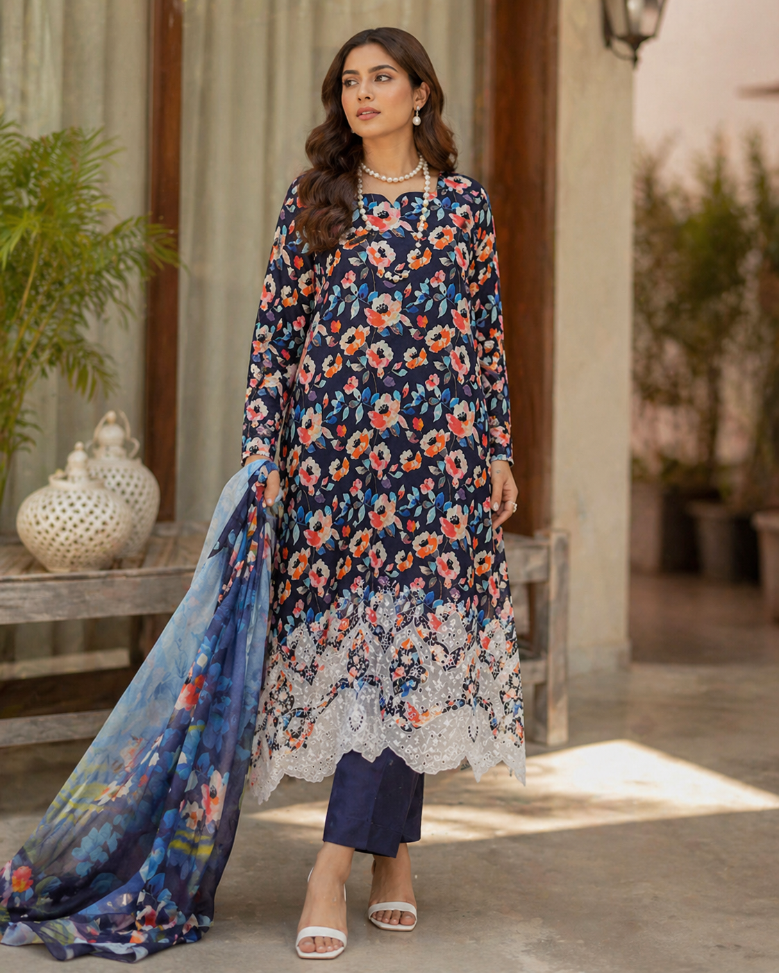 Luxury Embroidered Slub Dora Lawn Suit – Midnight Navy Floral