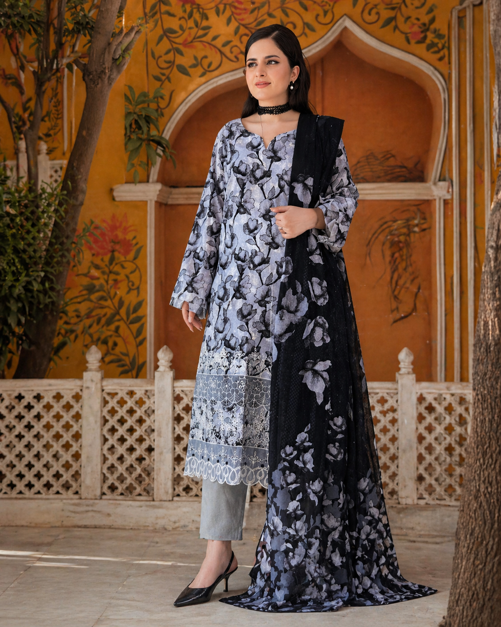 Luxury Embroidered Slub Dora Lawn Suit – Monochrome Grey & Black