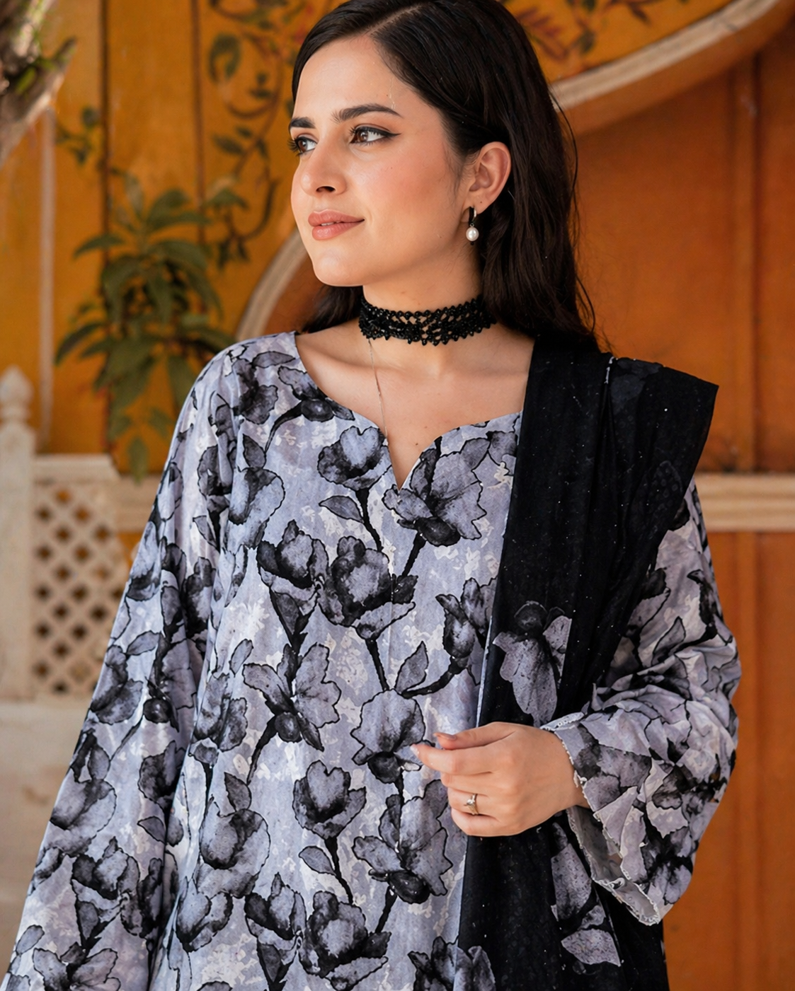 Luxury Embroidered Slub Dora Lawn Suit – Monochrome Grey & Black