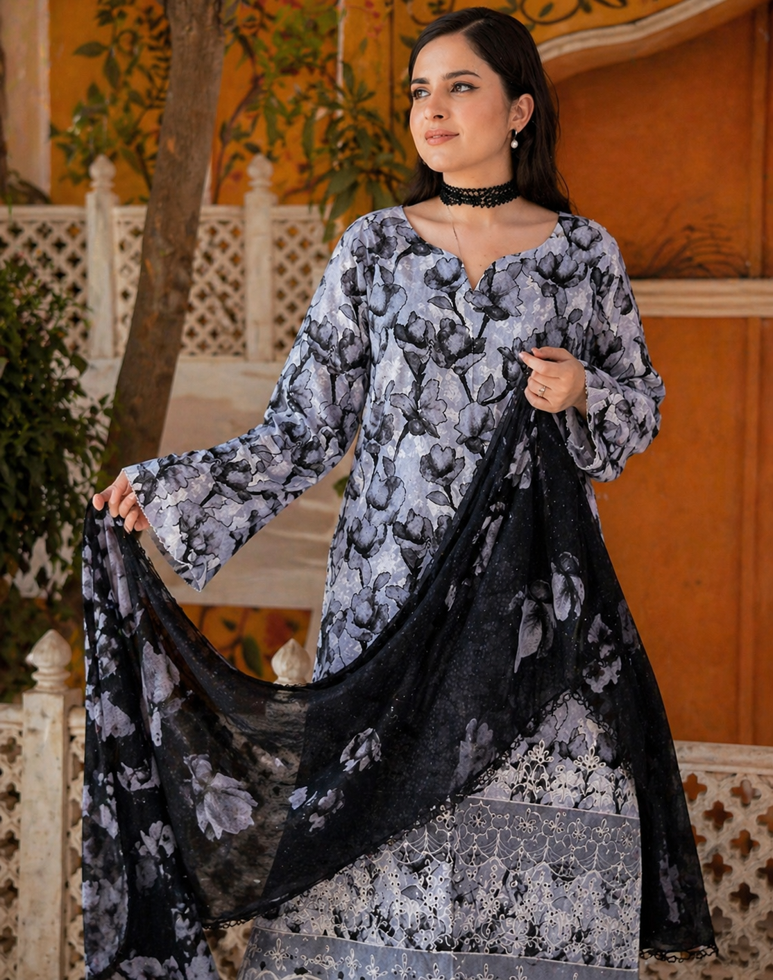 Luxury Embroidered Slub Dora Lawn Suit – Monochrome Grey & Black