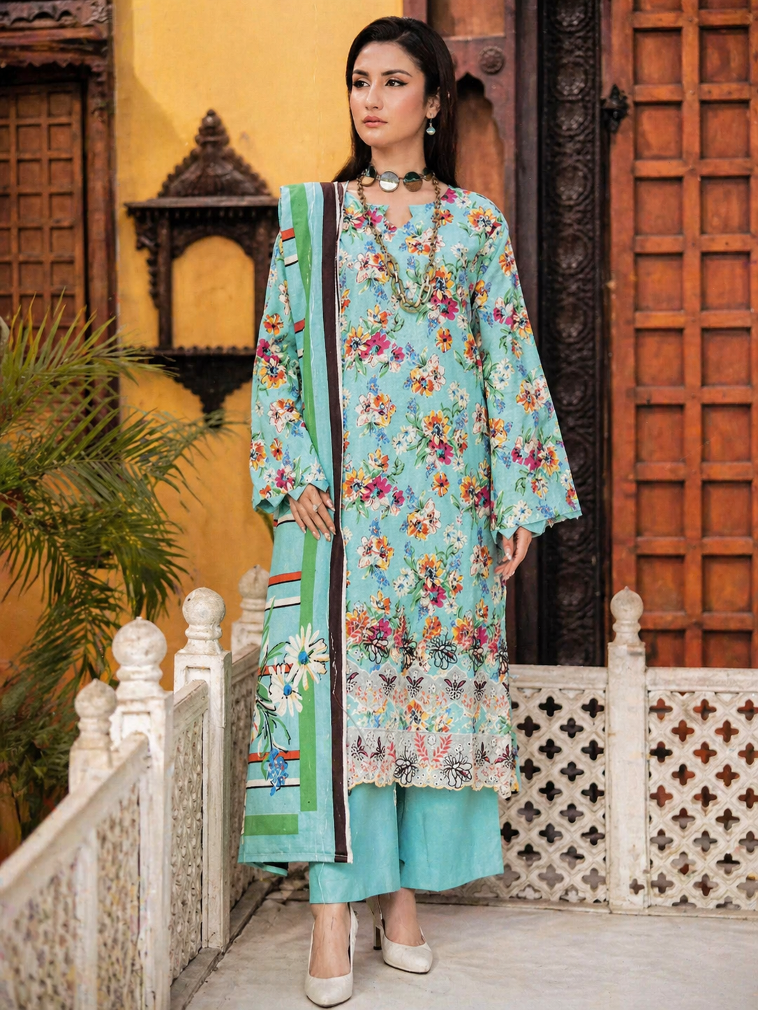 Luxury Embroidered Slub Dora Lawn Suit – Sky Blue Multi-Floral