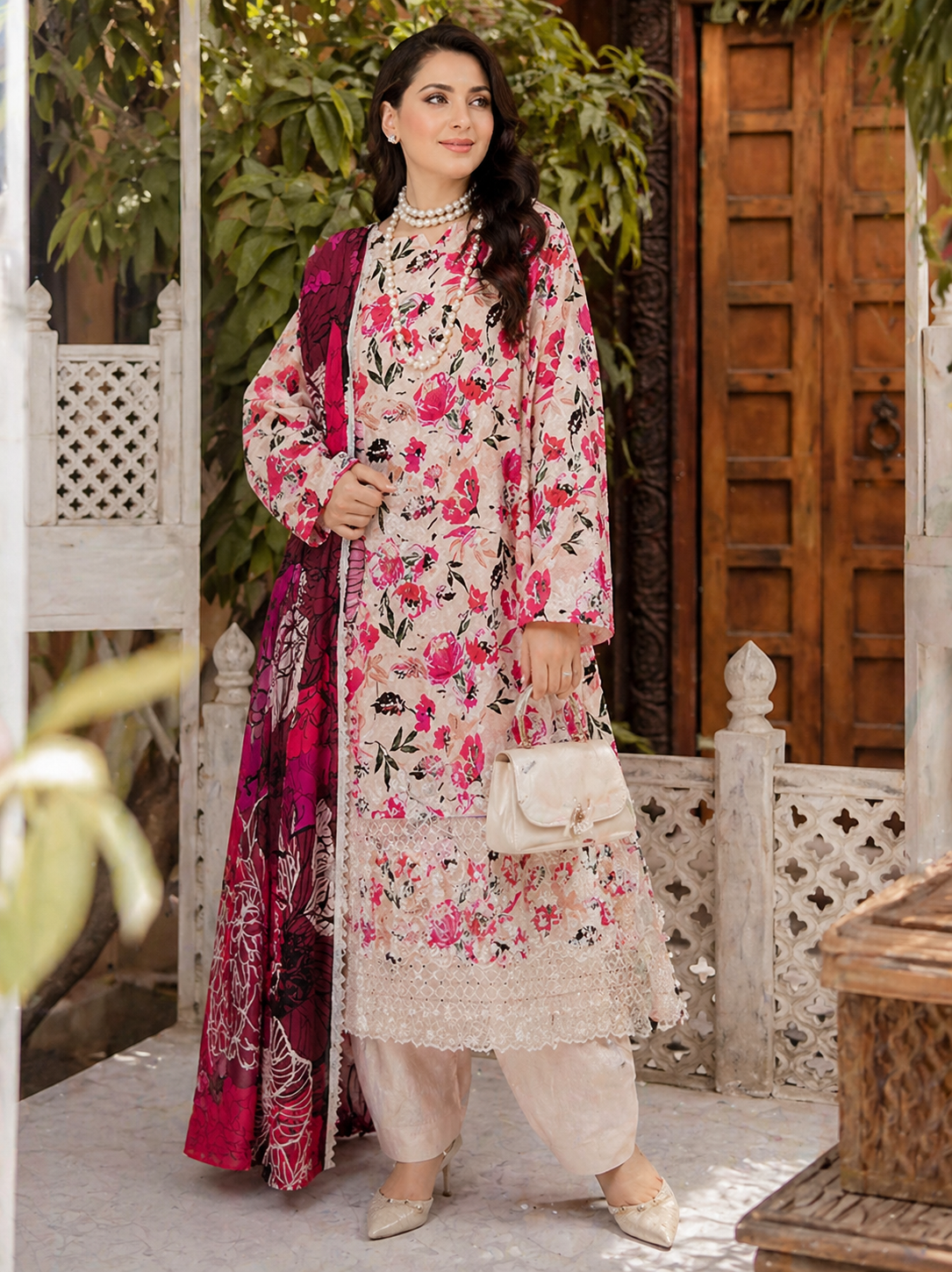 Luxury Embroidered Slub Dora Lawn Suit – Lilac Pink & Purple Floral