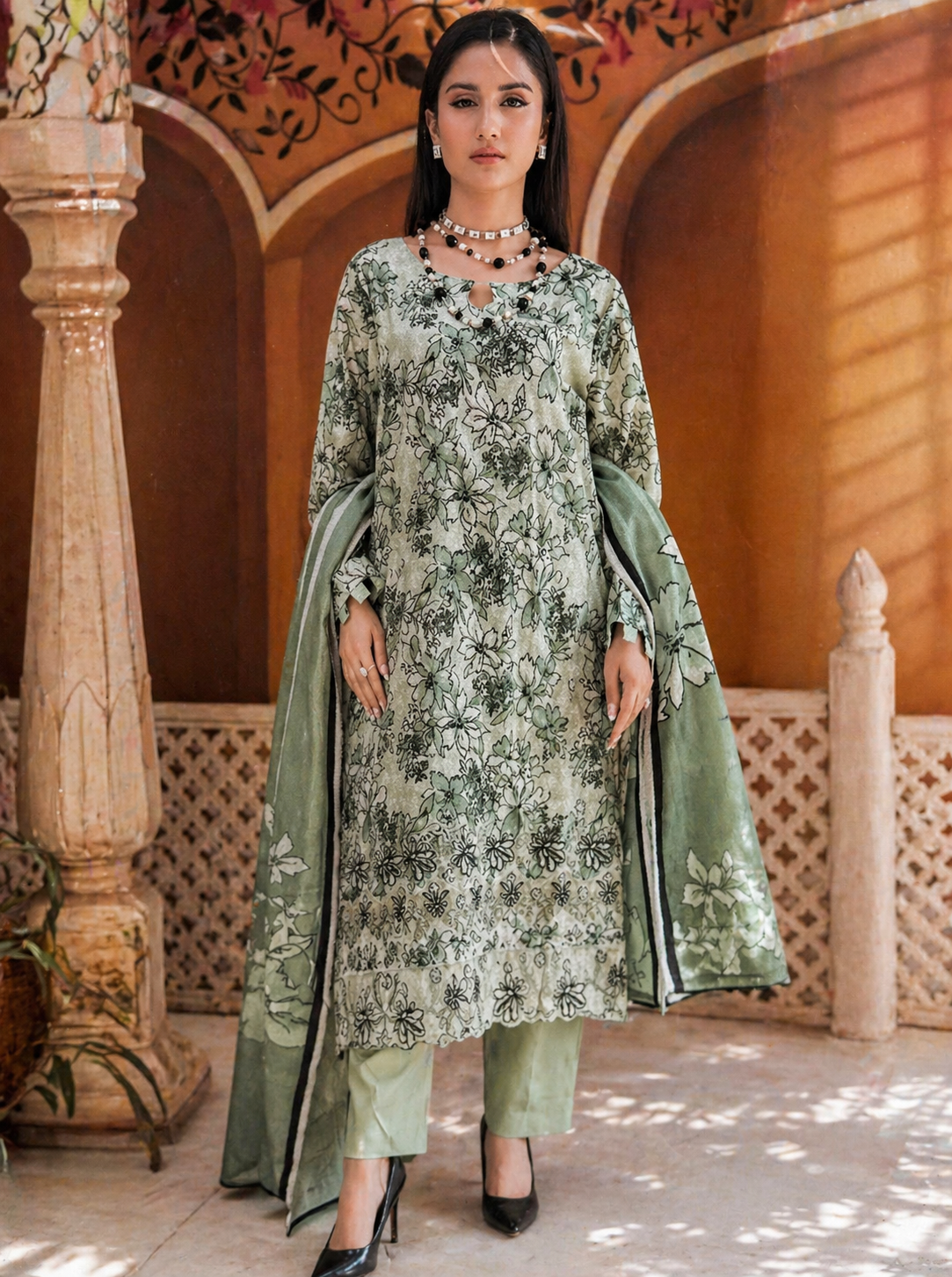 Luxury Embroidered Slub Dora Lawn Suit – Sage Green Botanical