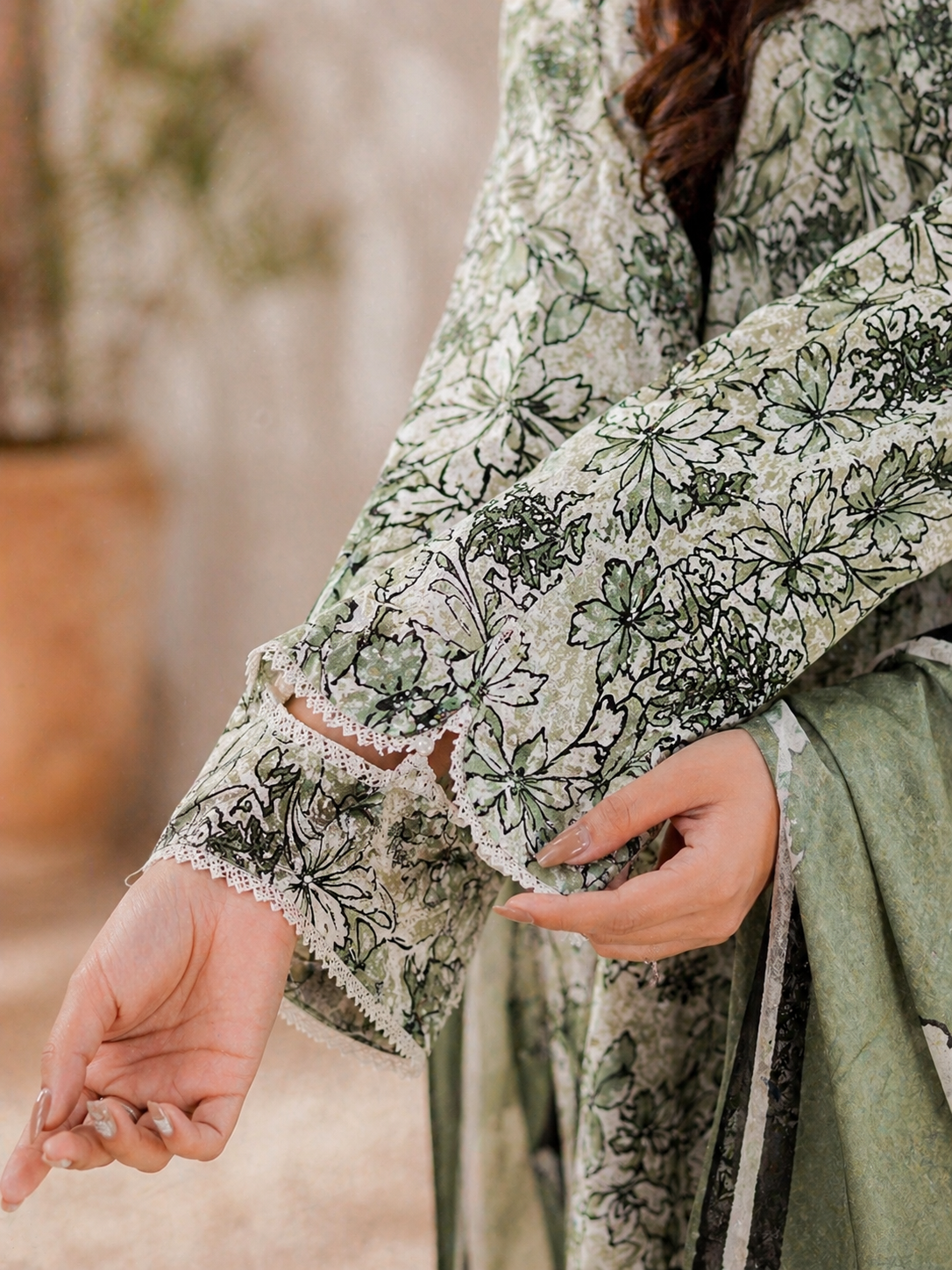 Luxury Embroidered Slub Dora Lawn Suit – Sage Green Botanical