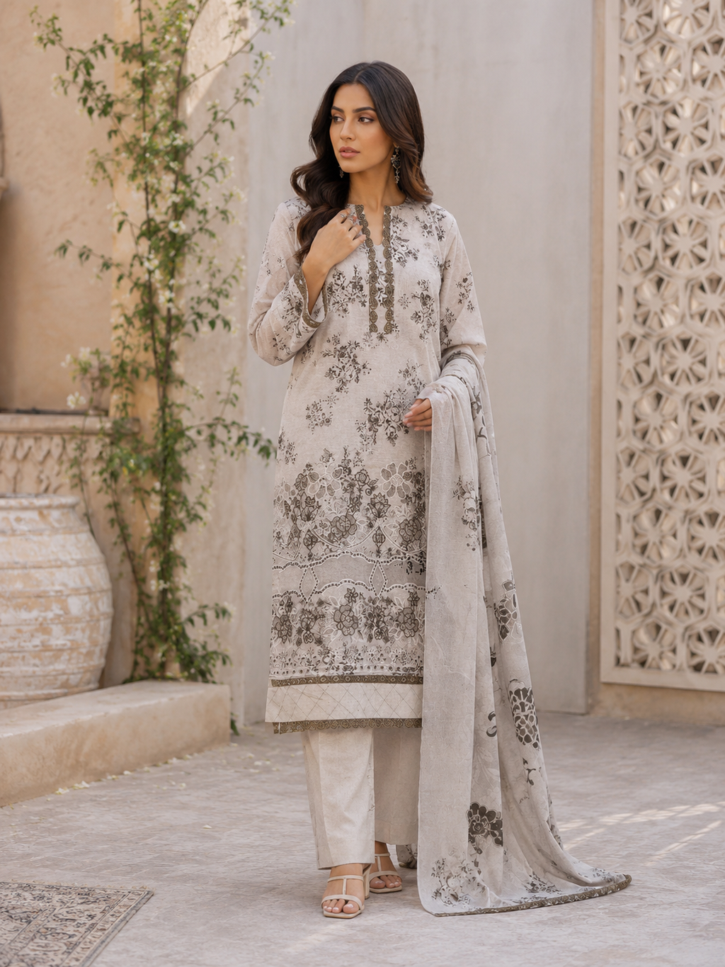 Light Grey and Brown Floral Embroidered Unstitched 3-Piece