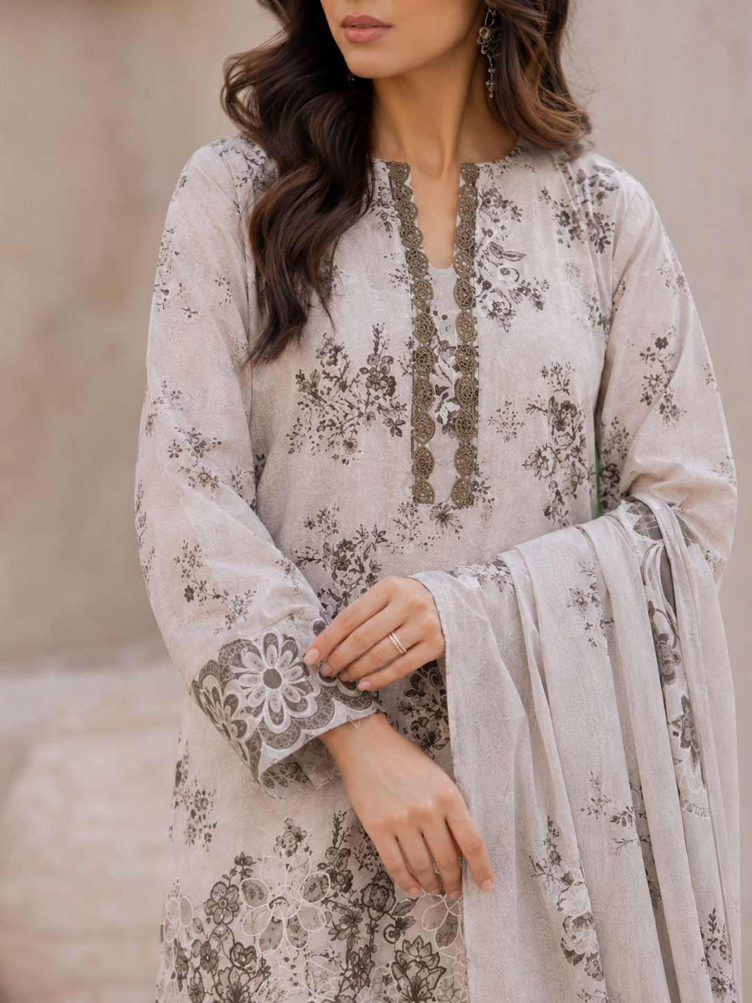 Light Grey and Brown Floral Embroidered Unstitched 3-Piece