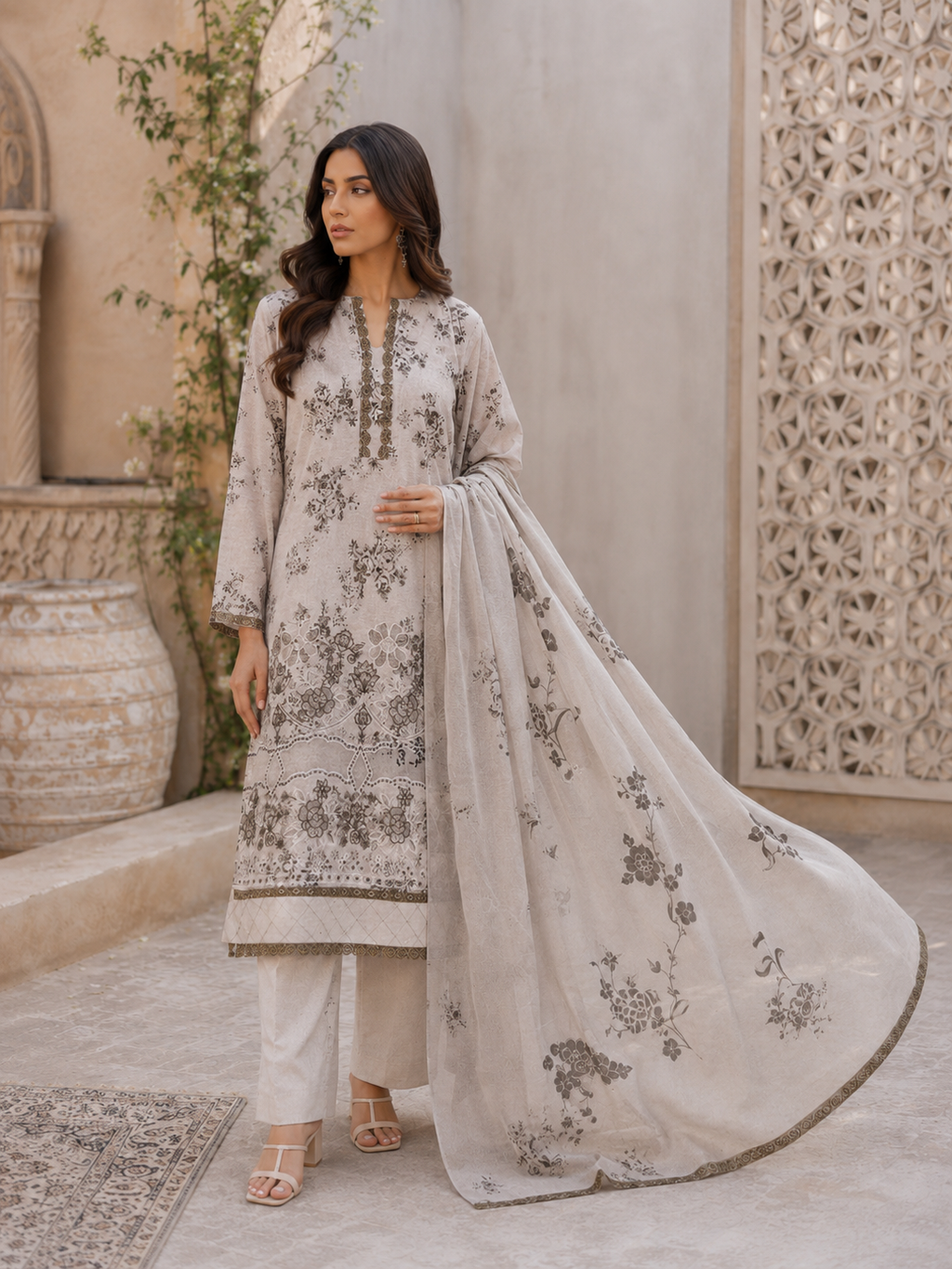 Light Grey and Brown Floral Embroidered Unstitched 3-Piece
