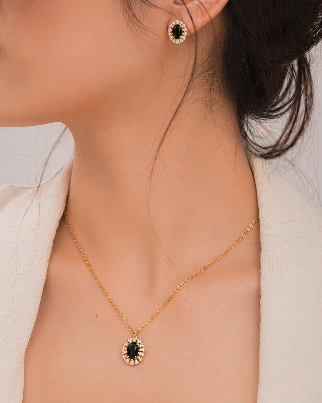 Vintage-Style Onyx Black & Gold 3-Piece Jewelry Set