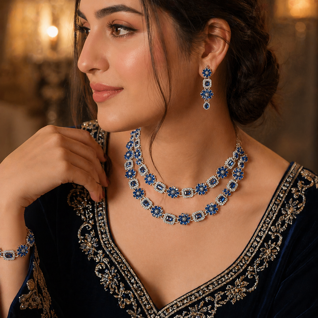 Luxurious Sapphire Blue Floral Statement 4-Piece Jewelry Set