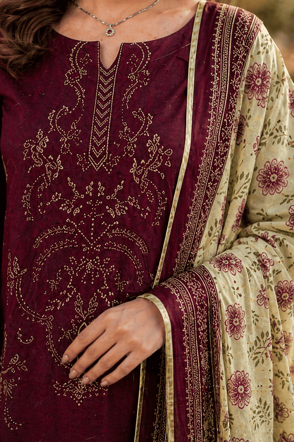 Rich Maroon Embroidered Lawn 3-Piece Suit unstitched