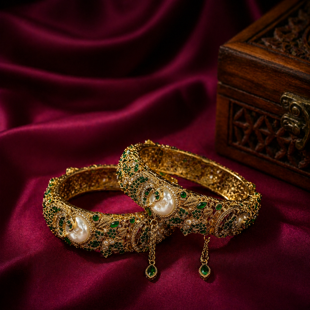 Antique Gold Turkish Bangles with Green Stones and Pearls (Set of 2)