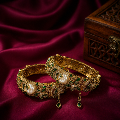 Antique Gold Turkish Bangles with Green Stones and Pearls (Set of 2)