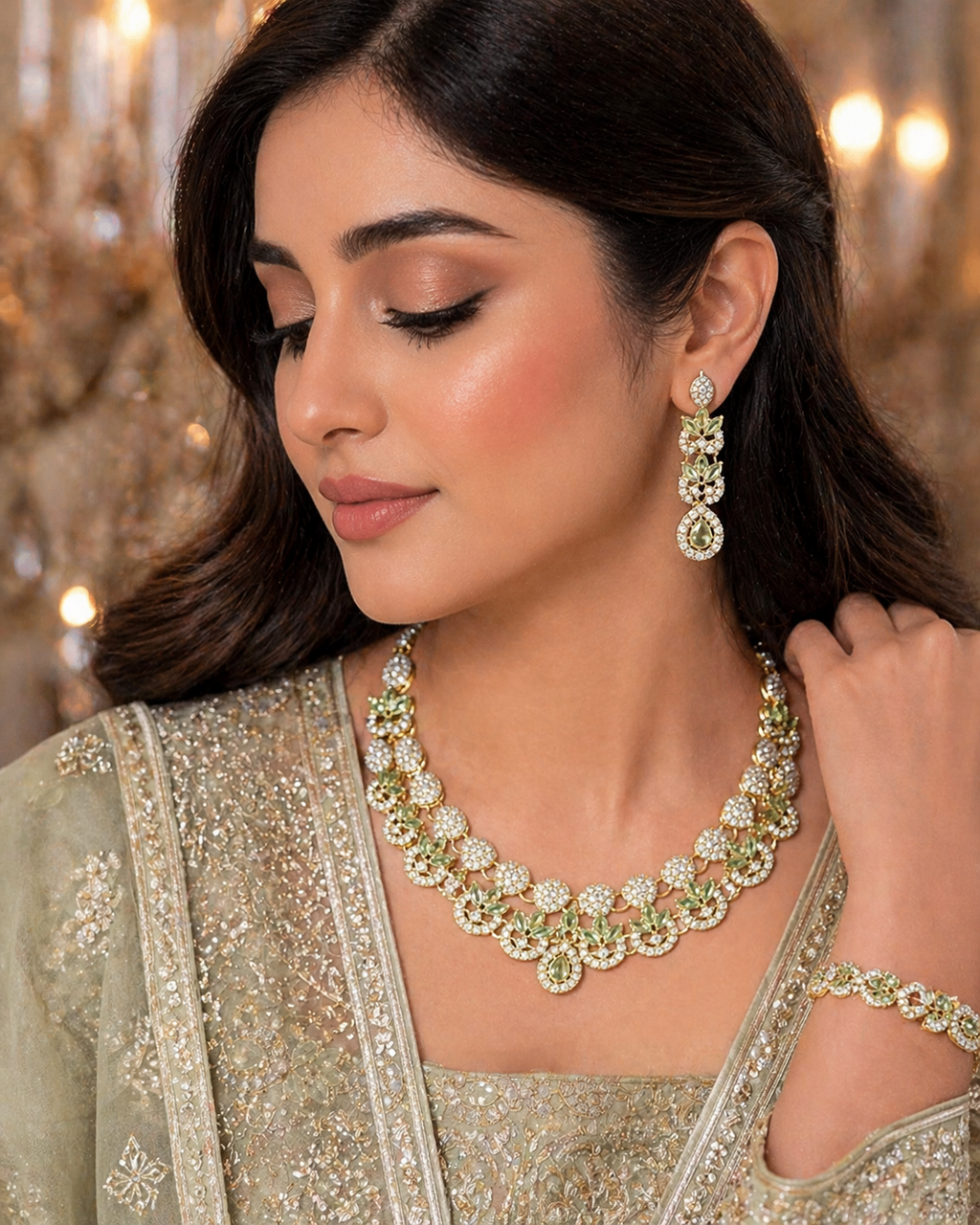 Mint Green & Gold Crystal Necklace & Bracelet Set