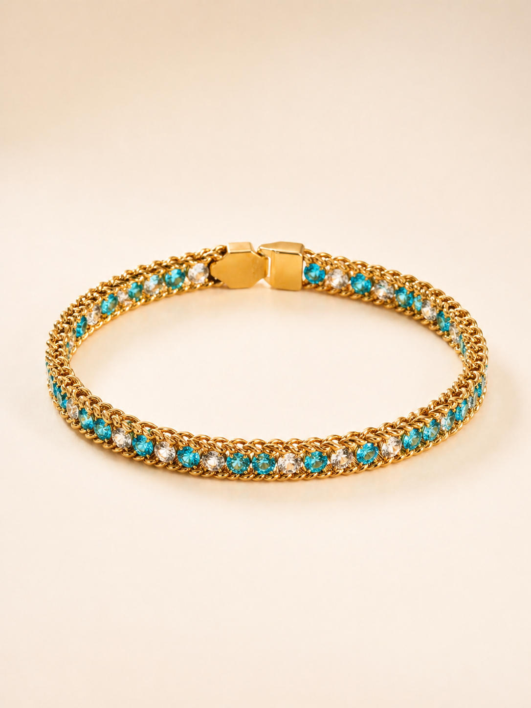 Ocean Blue and Clear Crystal Gold Woven Bracelet