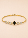 Black Clover and Crystal Gold Mesh Bracelet