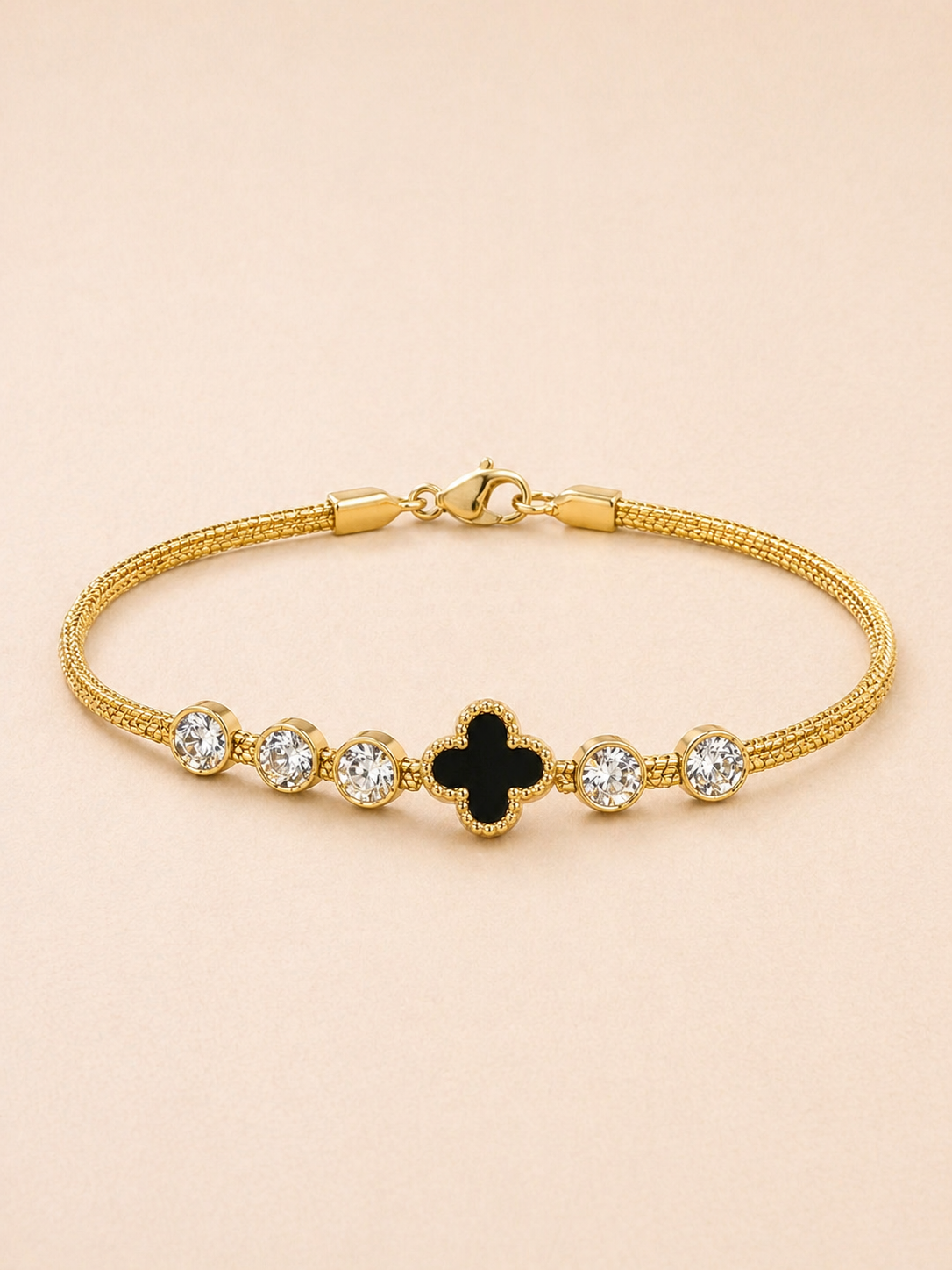 Black Clover and Crystal Gold Mesh Bracelet