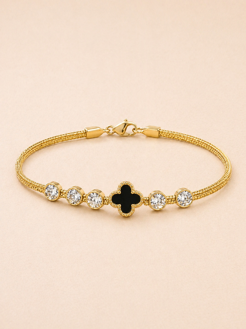 Black Clover and Crystal Gold Mesh Bracelet