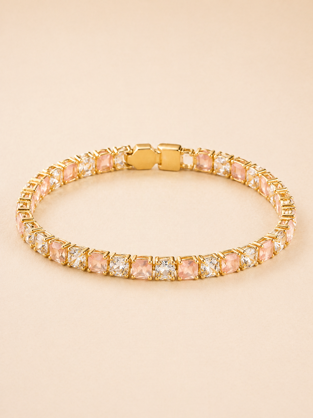 Peach and Clear Crystal Gold Tennis Bracelet