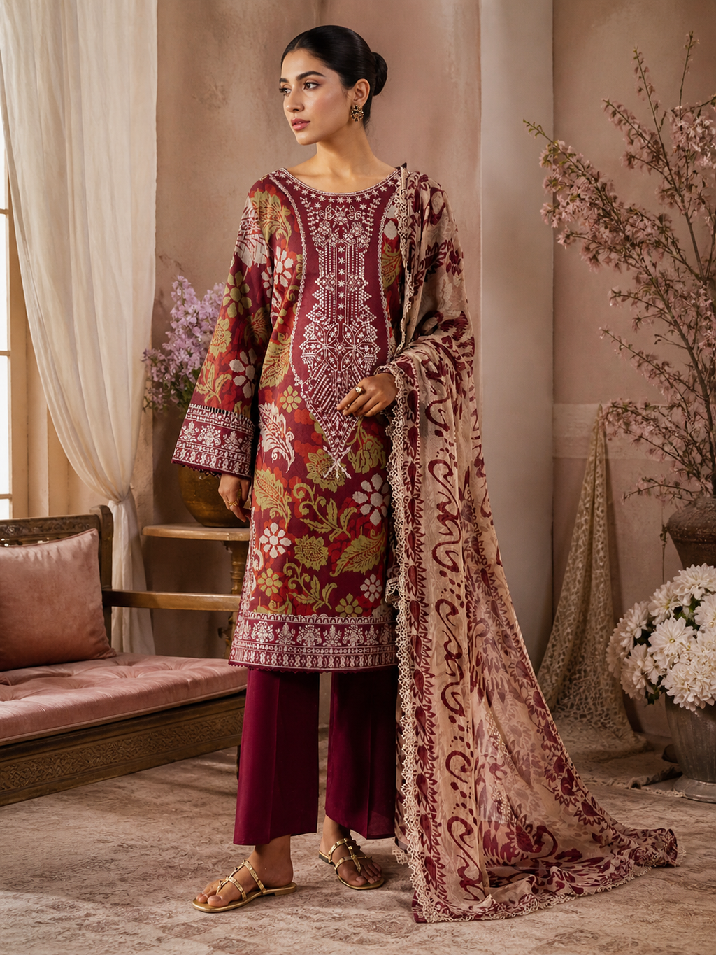Crimson Flora Embroidered Suit - Image 1