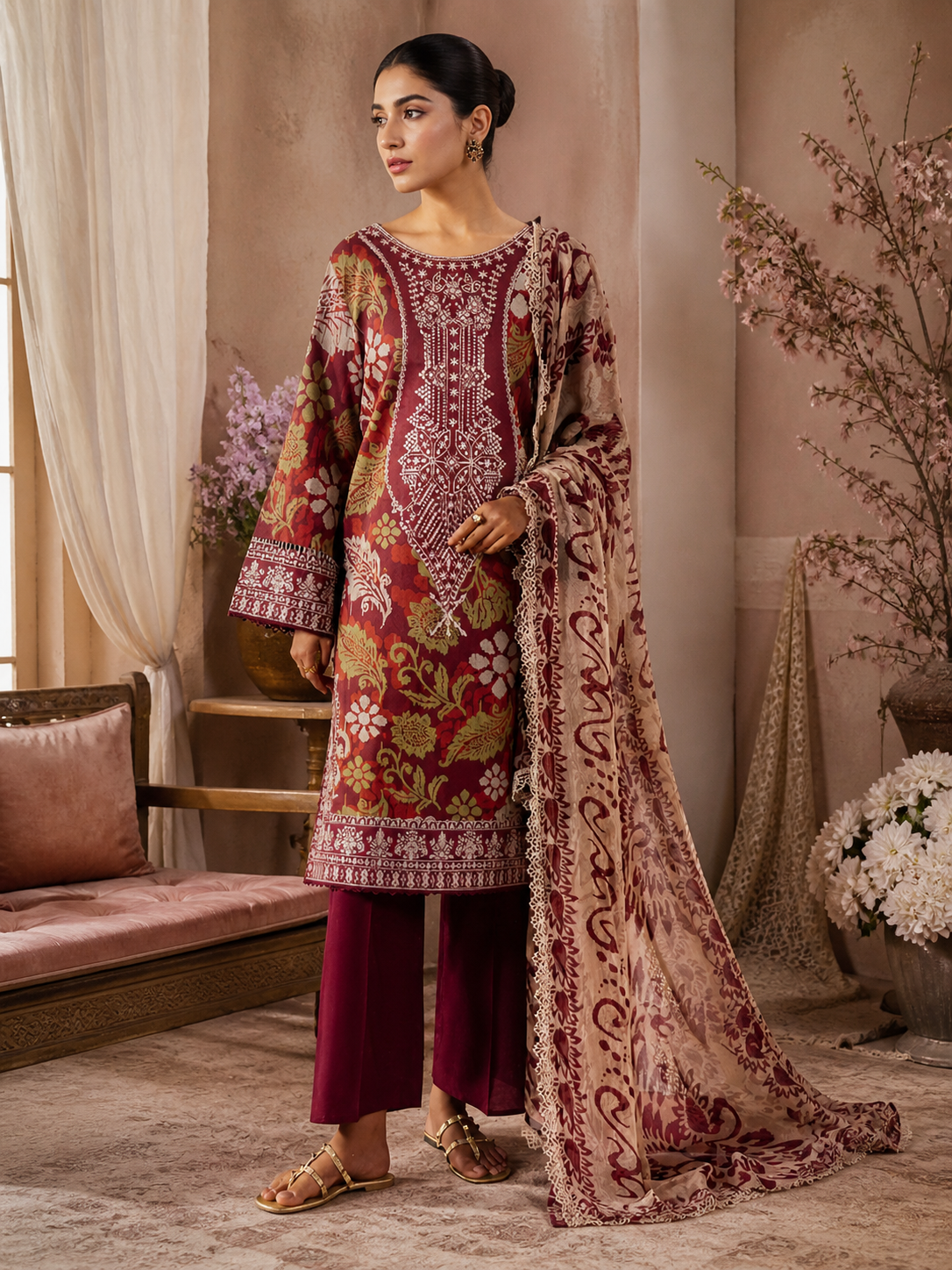 Crimson Flora Embroidered Suit - Image 1