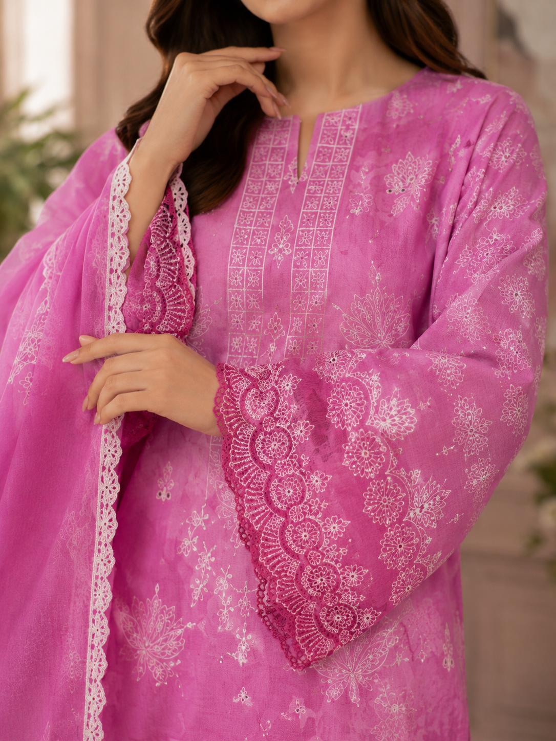 Bright Pink Embroidered Unstitched 3-Piece - Image 2