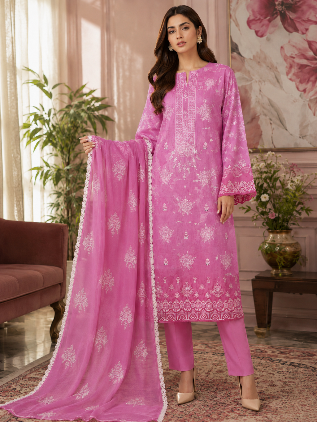 Bright Pink Embroidered Unstitched 3-Piece - Image 1