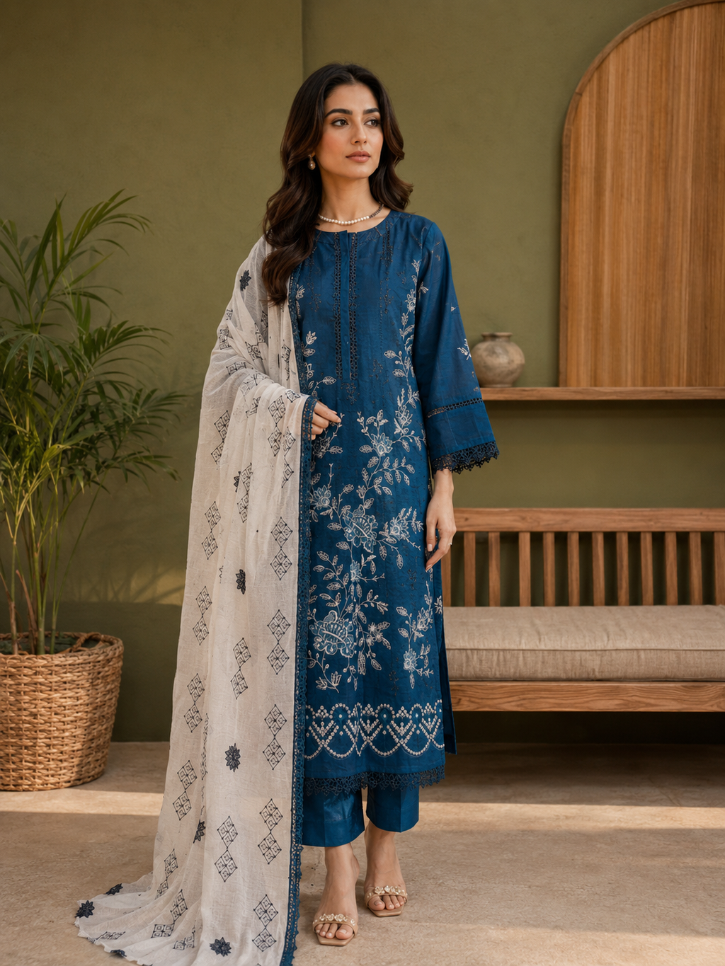 Blue Embroidered Unstitched 3-Piece with White Dupatta - Image 1