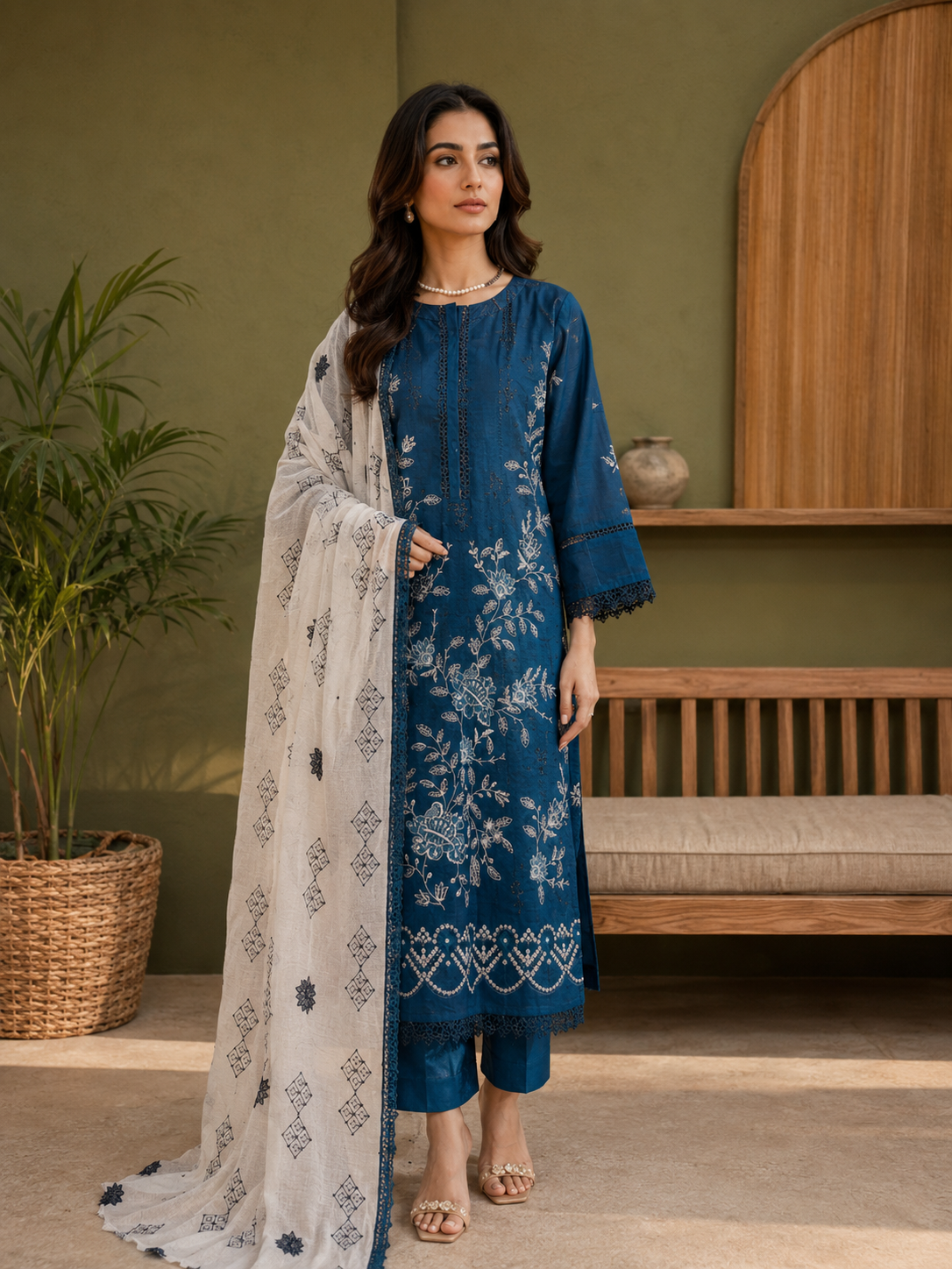 Blue Embroidered Unstitched 3-Piece with White Dupatta - Image 1