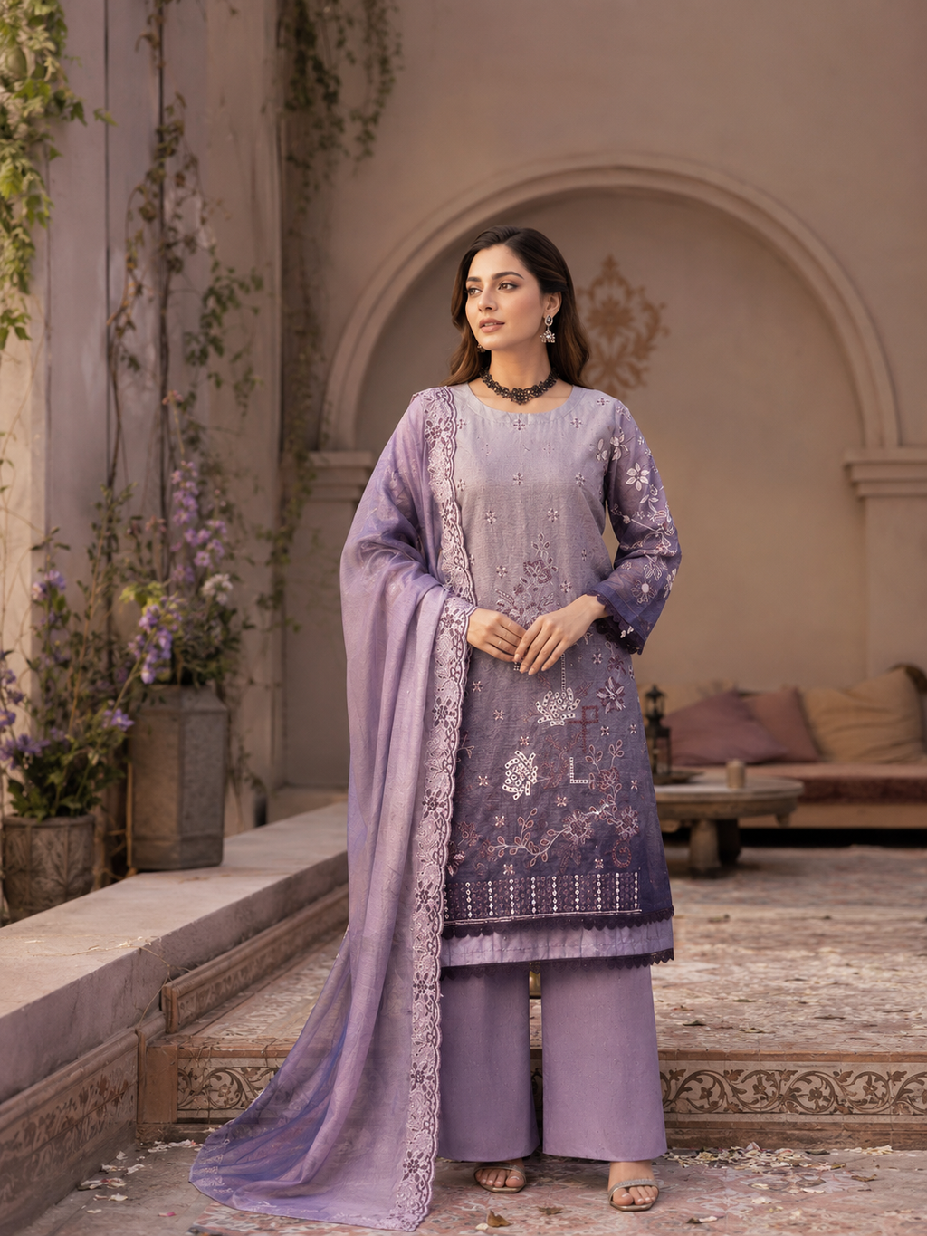 Dark Purple Shaded Embroidered Unstitched 3-Piece - Image 1