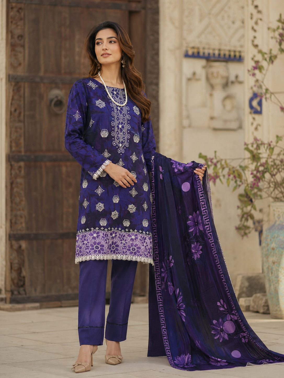 Dark Blue Embroidered Unstitched 3-Piece - Image 1