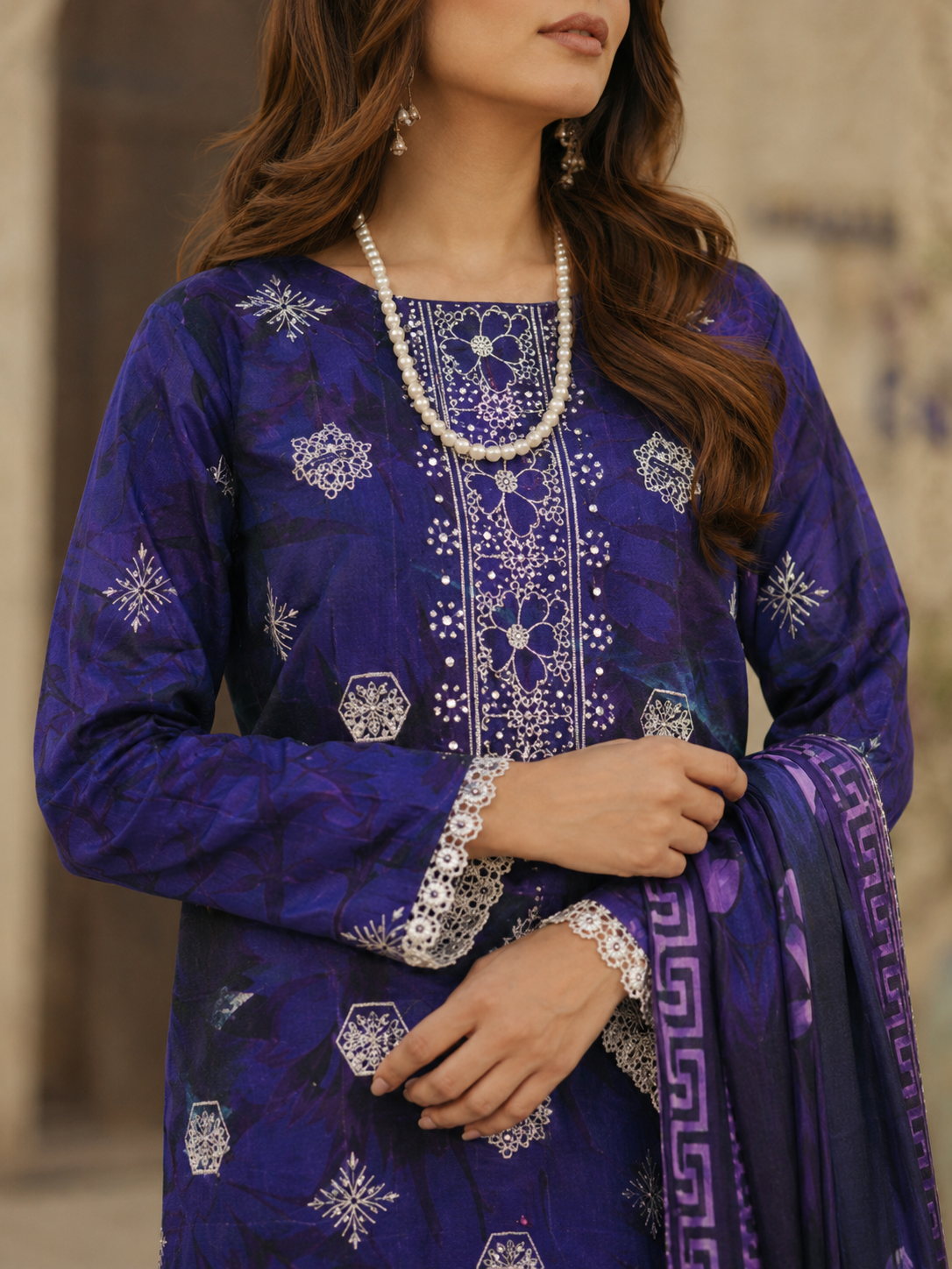 Blue Embroidered Unstitched 3-Piece with White Dupatta - Image 3