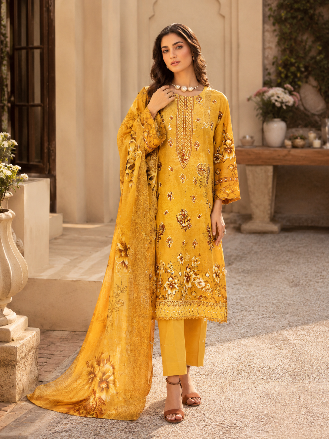 Bright Yellow Floral Embroidered Unstitched 3-Piece - Image 1