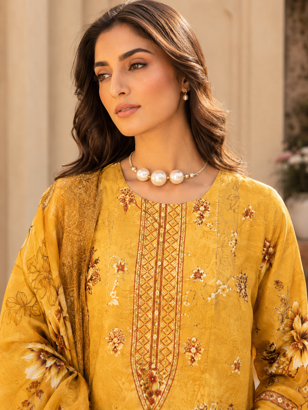 Bright Yellow Floral Embroidered Unstitched 3-Piece - Image 3