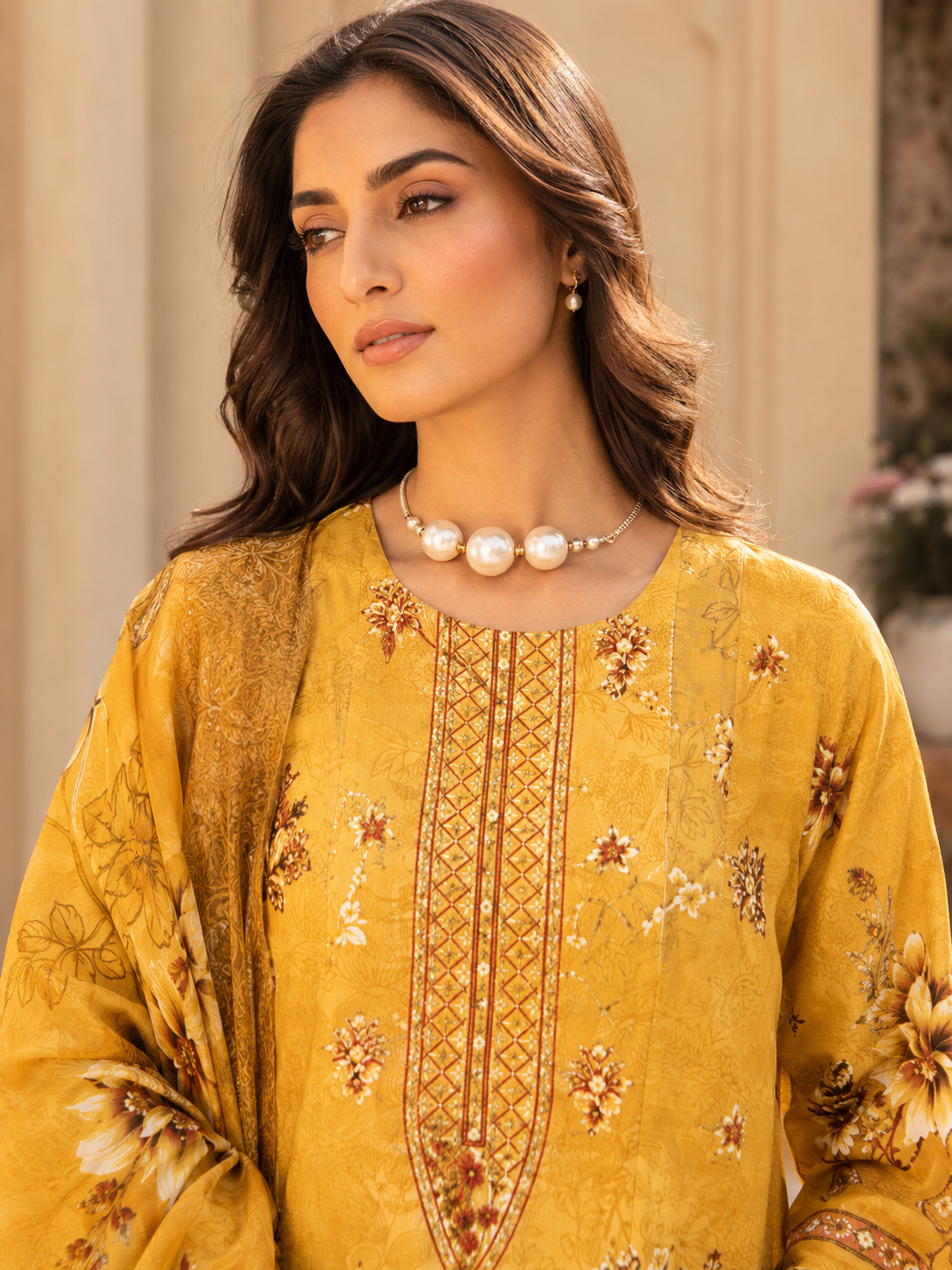 Bright Yellow Floral Embroidered Unstitched 3-Piece - Image 3