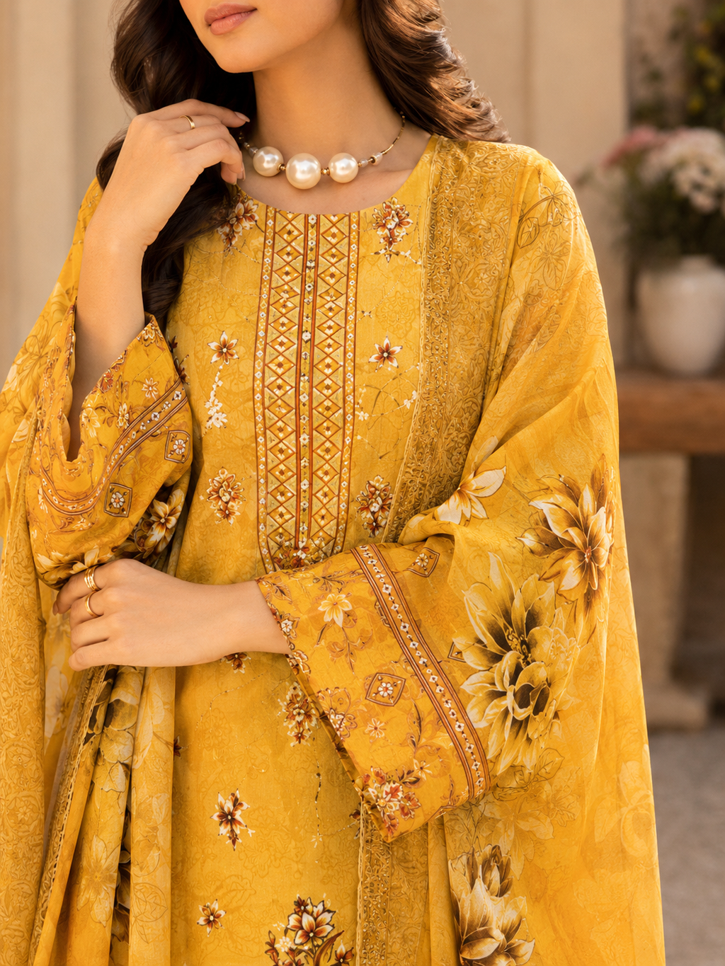 Bright Yellow Floral Embroidered Unstitched 3-Piece - Image 2