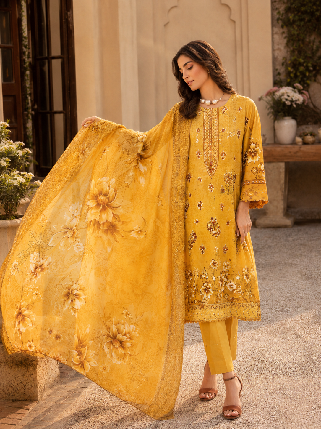 Bright Yellow Floral Embroidered Unstitched 3-Piece - Image 4