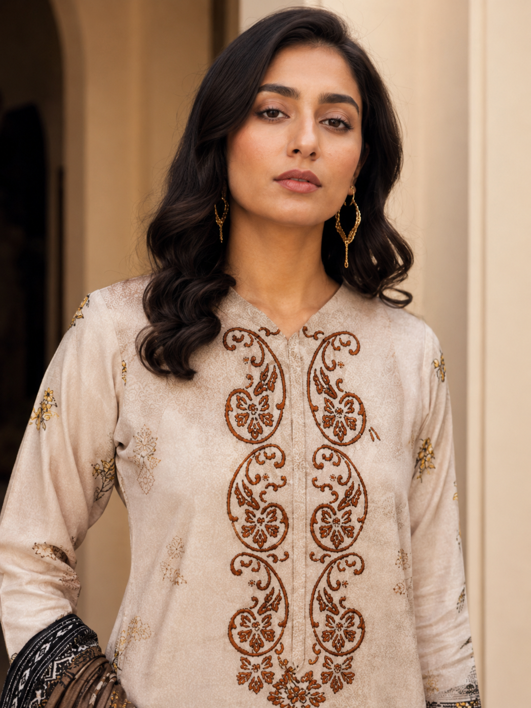 Light Brown and Dark Brown Embroidered Unstitched 3-Piece - Image 3