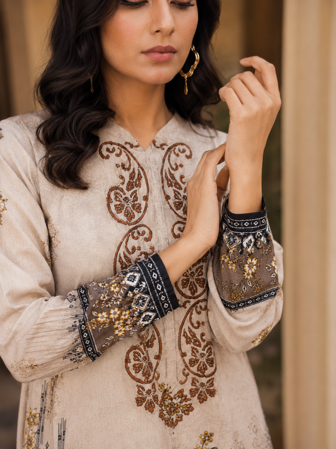 Light Brown and Dark Brown Embroidered Unstitched 3-Piece - Image 2
