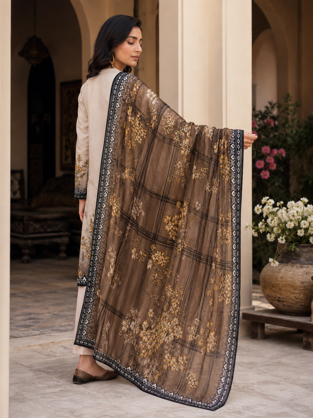Light Brown and Dark Brown Embroidered Unstitched 3-Piece - Image 4