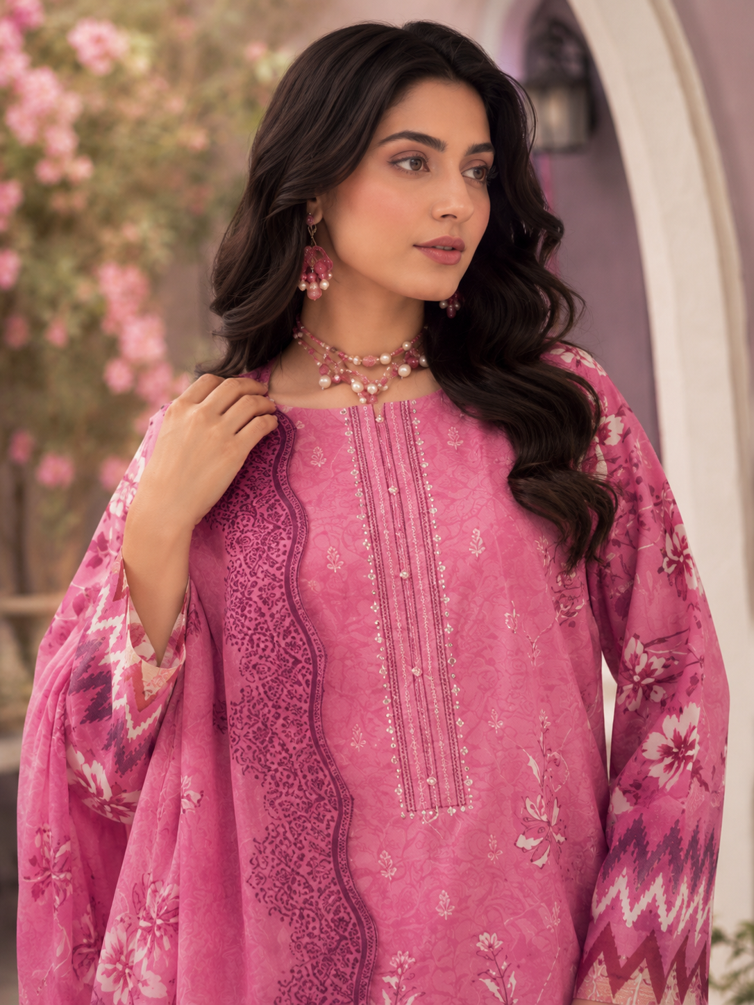 Classic Pink Floral Embroidered Unstitched 3-Piece - Image 3