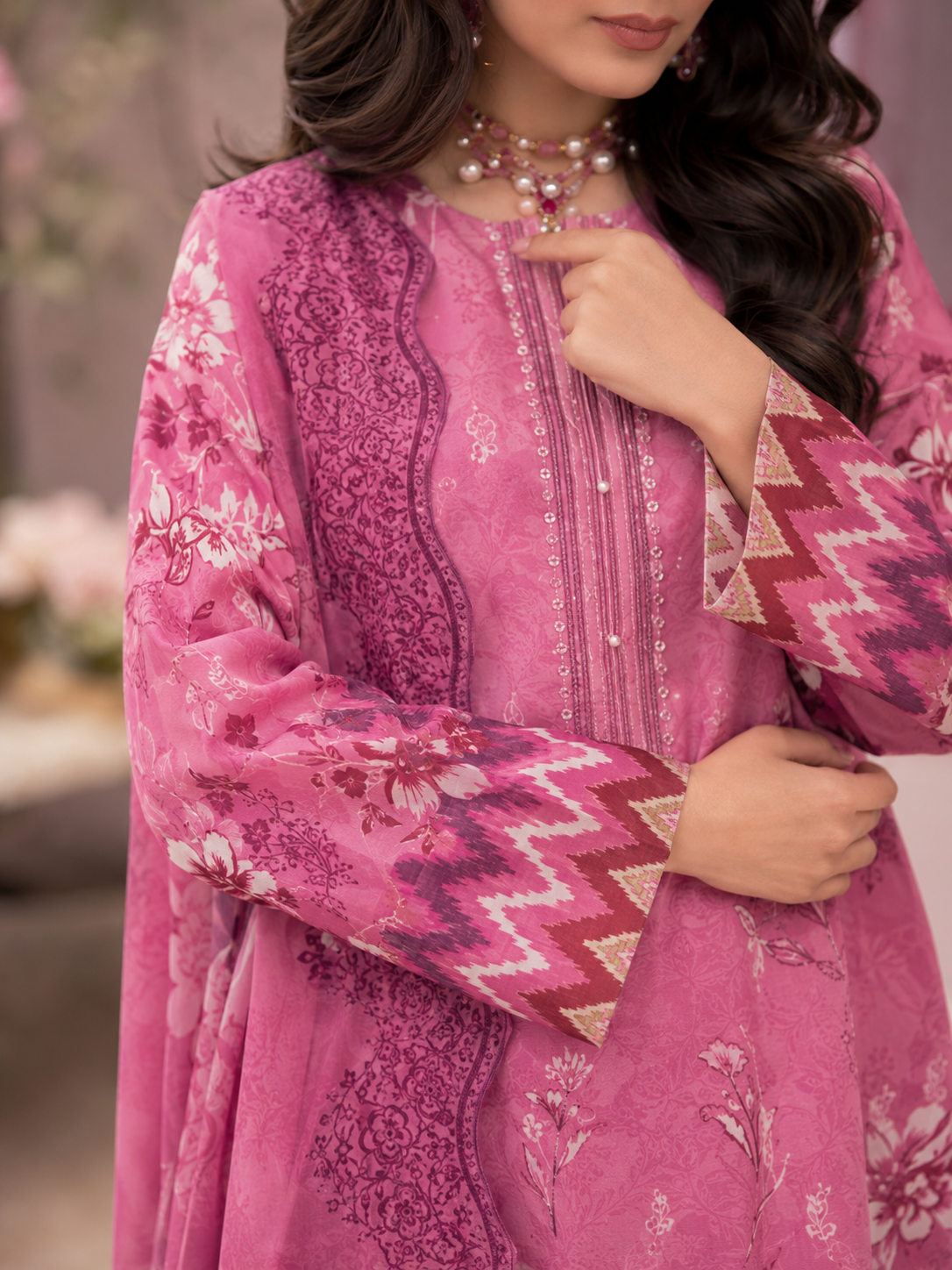 Bright Pink Embroidered Unstitched 3-Piece - Image 3