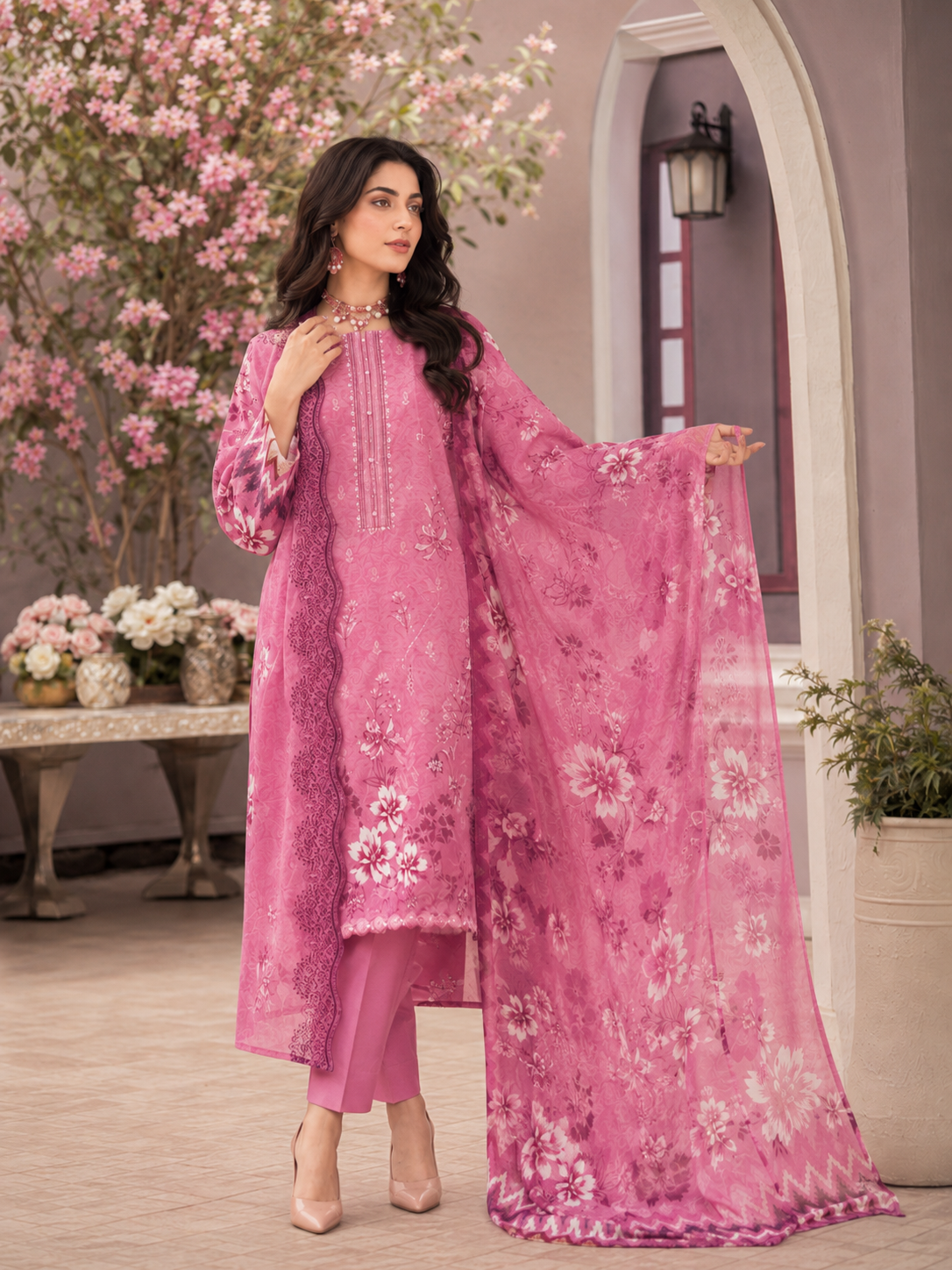 Classic Pink Floral Embroidered Unstitched 3-Piece - Image 2