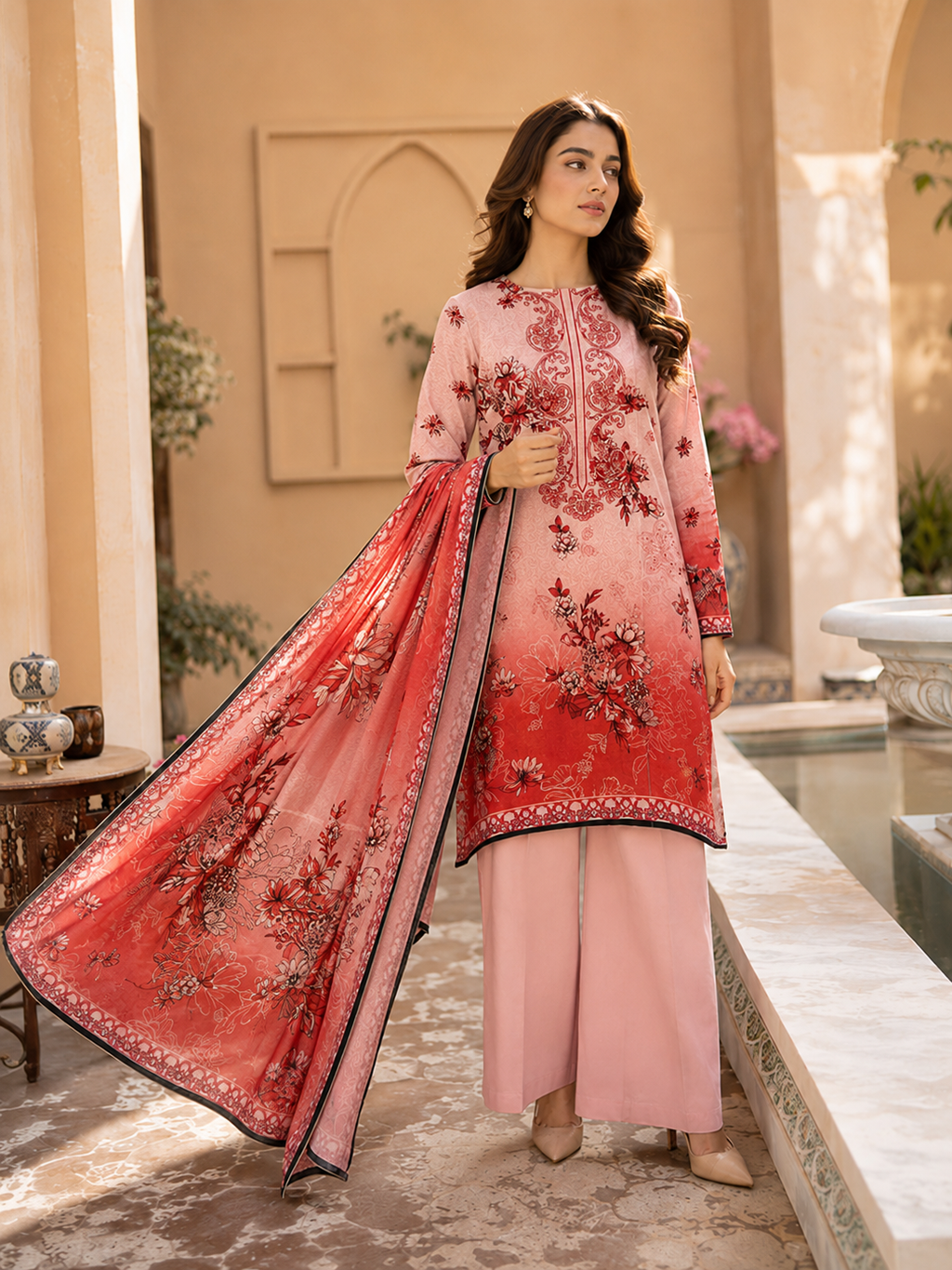Classic Pink Floral Embroidered Unstitched 3-Piece - Image 4