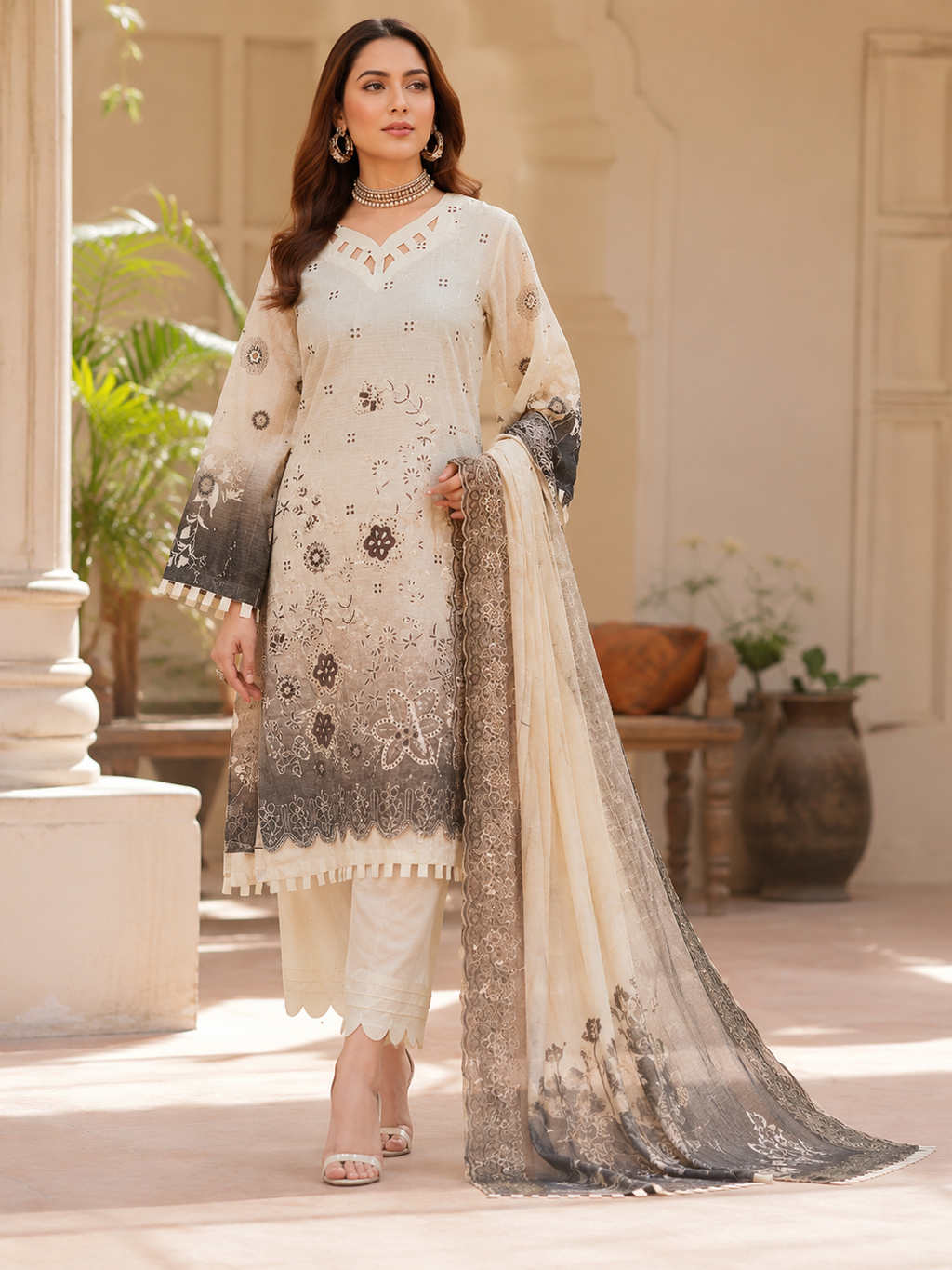 Off-White and Brown Embroidered Unstitched 3-Piece - Image 1