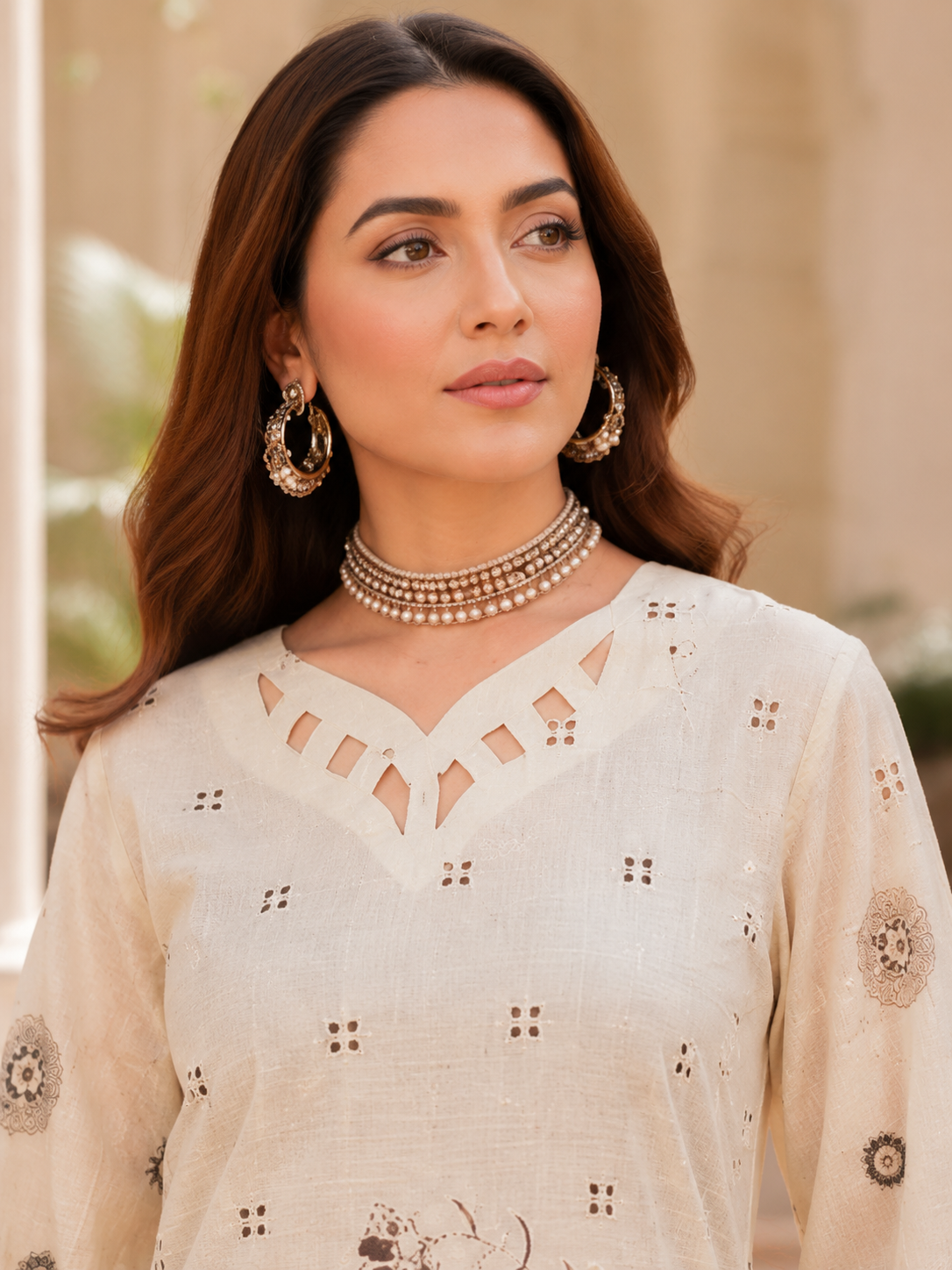 Off-White and Brown Embroidered Unstitched 3-Piece - Image 3