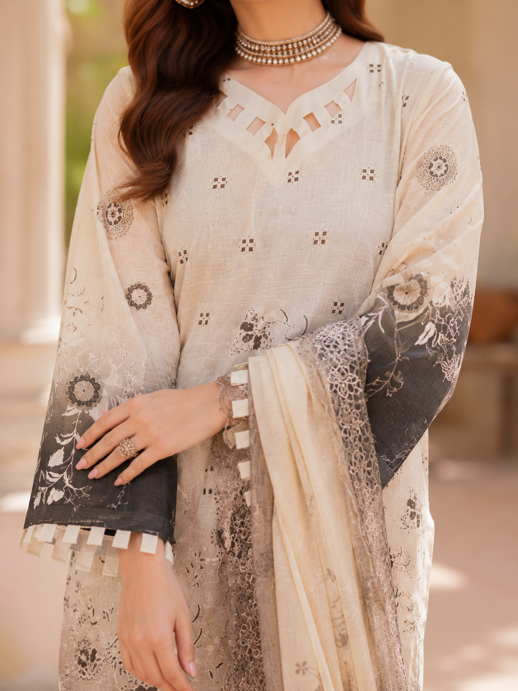 Off-White and Brown Embroidered Unstitched 3-Piece - Image 2