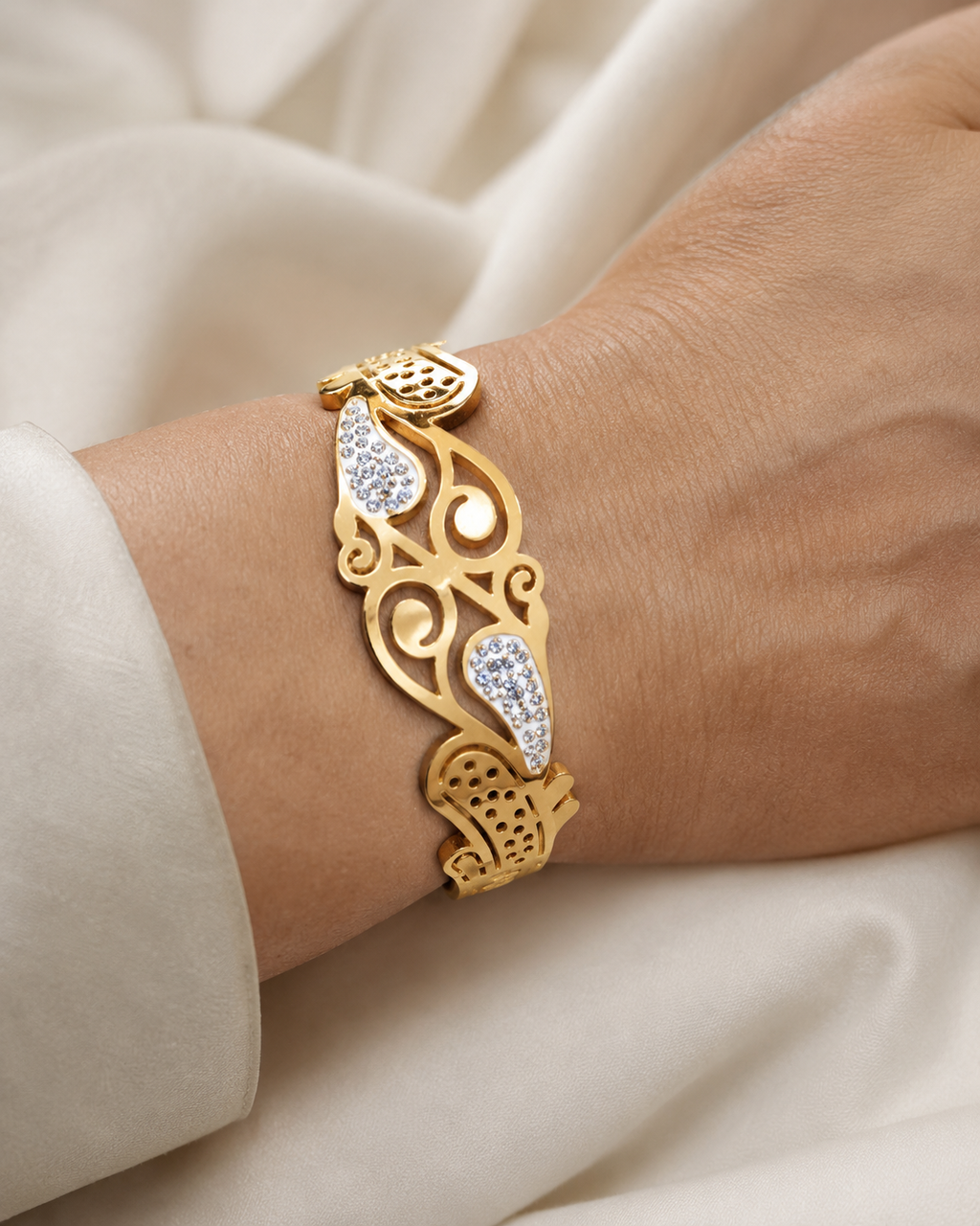Gold Cut-out Swirl Crystal Bangle