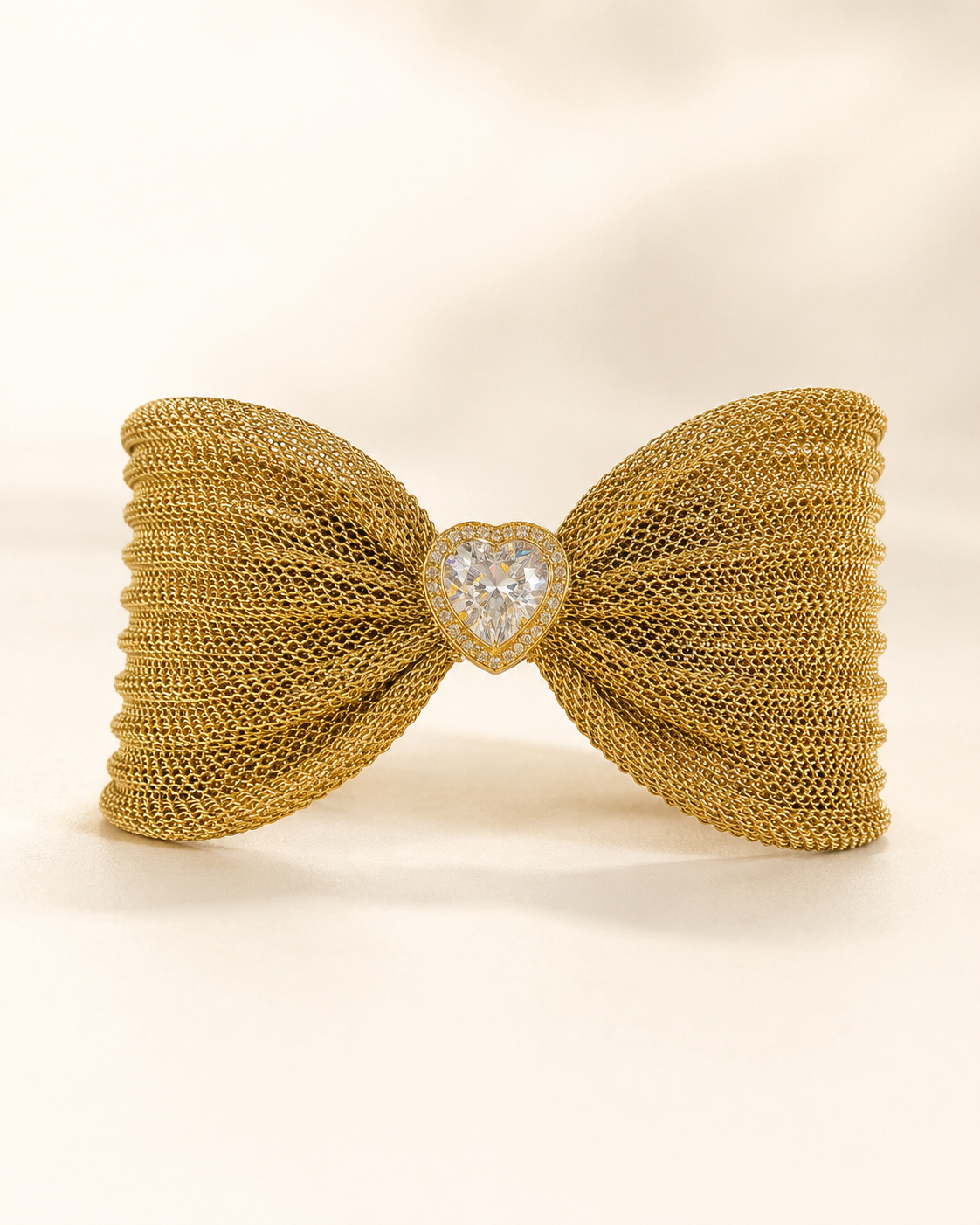 Gold Mesh Bow Bracelet with Heart Crystal