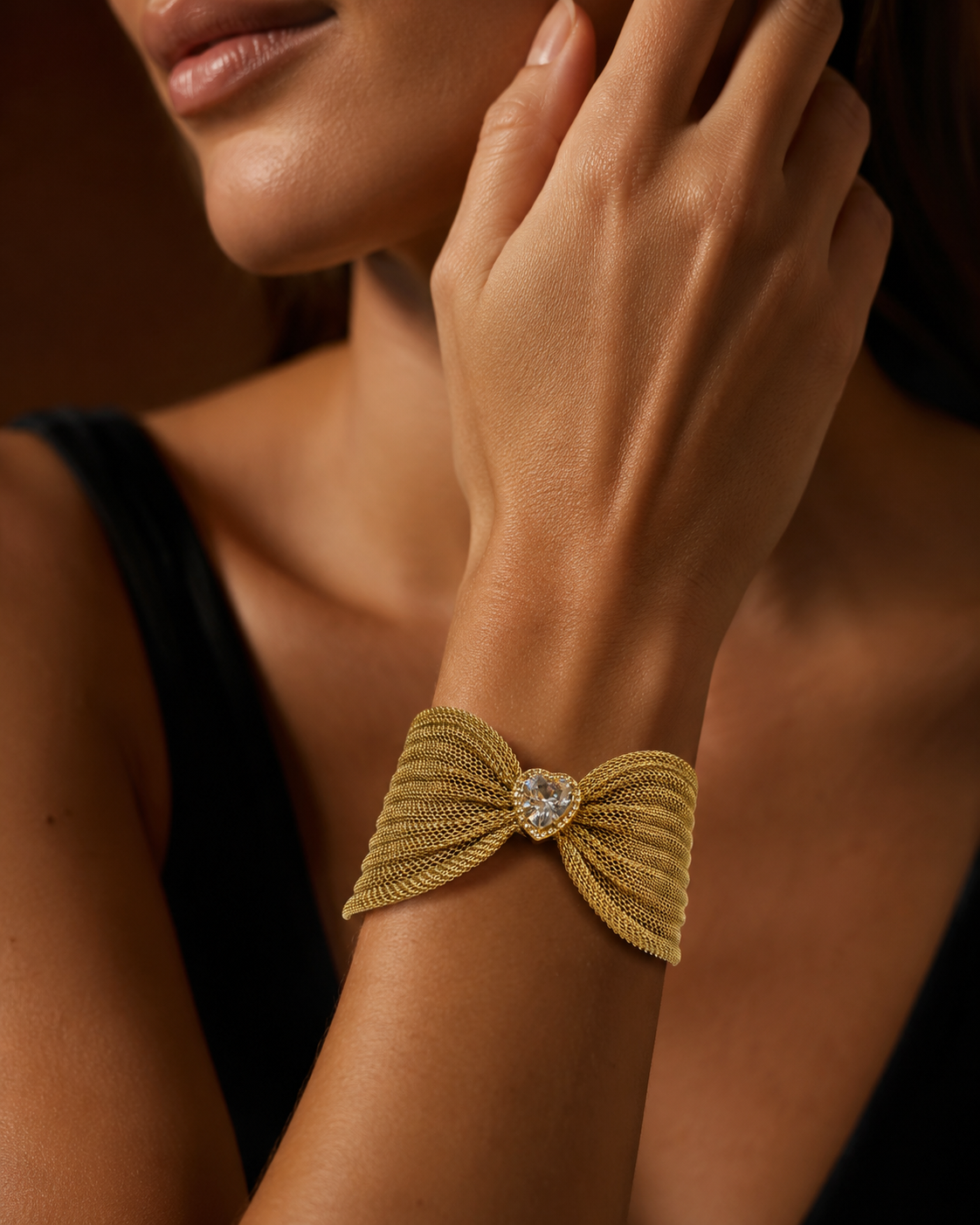 Gold Mesh Bow Bracelet with Heart Crystal