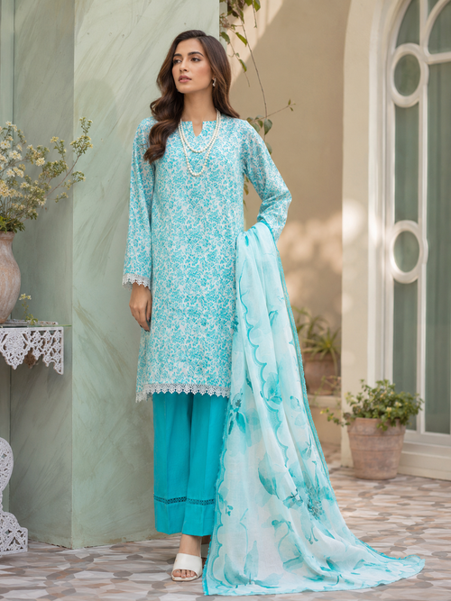 Aqua Blue Delicate Floral Lawn 3-Piece Unstitched Suit
